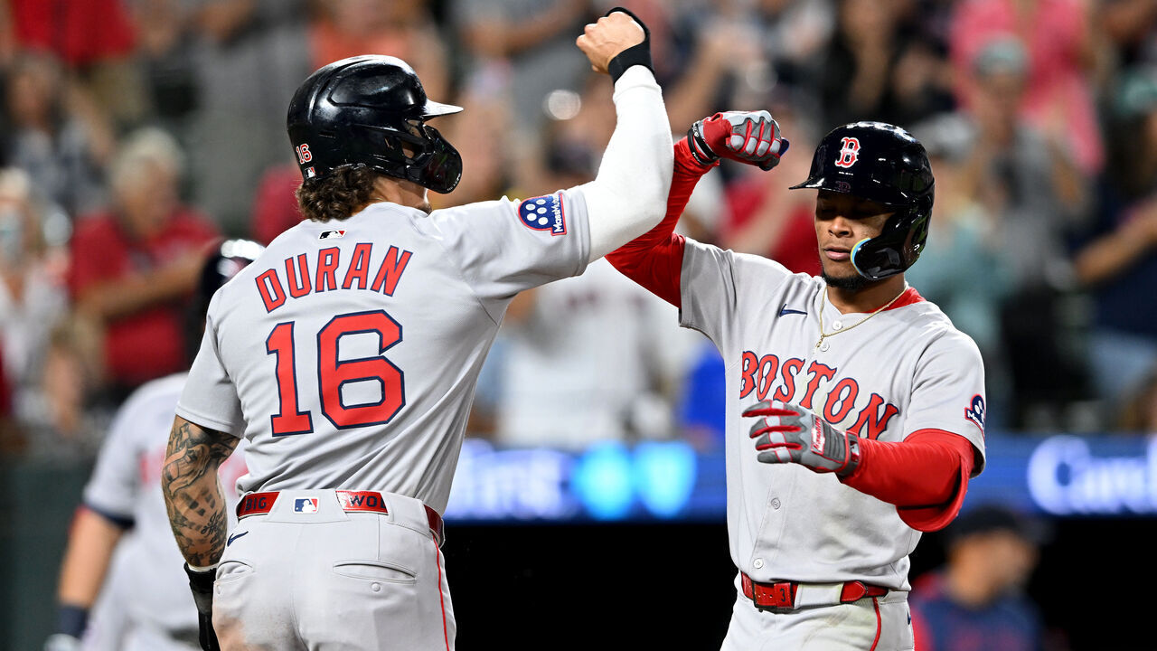 BALTIMORE, MARYLAND - AUGUST 27: Ceddanne Rafaela #3 of the Boston Red Sox celebrates with Jarren Duran #16 after hitting a two-run home run in the ninth inning against the Baltimore Orioles at Oriole Park at Camden Yards on August 27, 2025 in Baltimore, Maryland.