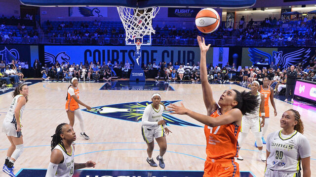 ARLINGTON, TX - AUGUST 27: Leila Lacan #47 of the Connecticut Sun drives to the basket during the game against the Dallas Wings on August 27, 2025 at the College Park Center in Arlington, TX. Mandatory Copyright Notice: Copyright 2025 NBAE