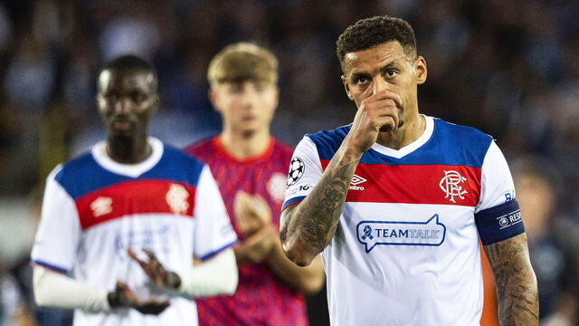 BRUGES, BELGIUM - AUGUST 27: Rangers' James Tavernier at full time during a UEFA Champions League Play-Off Round Second Leg between Club Brugge and Rangers at the Jan Breydel Stadium, on August 27, 2025, in Bruges, Belgium.