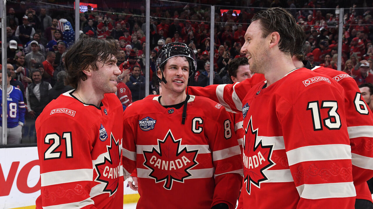 BOSTON, MASSACHUSETTS - FEBRUARY 20: Brayden Point #21, Sidney Crosby #87 and Sam Reinhart #13 of Team Canada celebrate after their 3-2 overtime win in the 4 Nations Face-Off Championship game between Team Canada and Team United States at TD Garden on February 20, 2025 in Boston, Massachusetts.