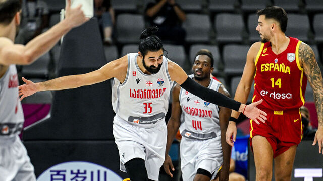 Georgia's centre #35 Goga Bitadze celebrates after scoring during the FIBA EuroBasket 2025 basketball match between Georgia and Spain at Spyros Kyprianou Arena in Limassol on August 28, 2025.