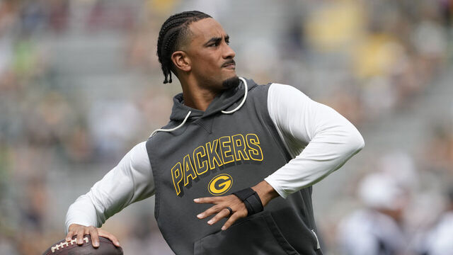 GREEN BAY, WISCONSIN - AUGUST 23: Jordan Love #10 of the Green Bay Packers throws a pass before the NFL Preseason 2025 game between Seattle Seahawks and Green Bay Packers at Lambeau Field on August 23, 2025 in Green Bay, Wisconsin.