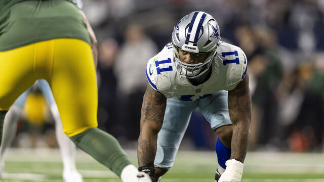 ARLINGTON, TEXAS - JANUARY 14: Micah Parsons #11 of the Dallas Cowboys lines up during an NFL wild-card playoff football game between the Dallas Cowboys and the Green Bay Packers at AT&T Stadium on January 14, 2024 in Arlington, Texas.