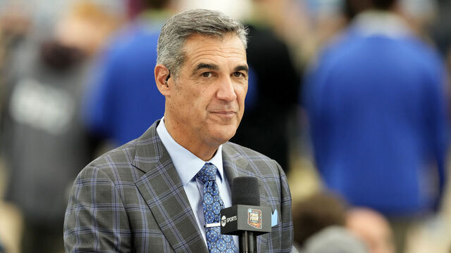GLENDALE, ARIZONA - APRIL 06: TNT college basketball analyst Jay Wright on air before the NCAA Mens Basketball Tournament Final Four semifinal game between the Purdue Boilermakers and the North Carolina State Wolfpack at State Farm Stadium on April 06, 2024 in Glendale, Arizona.