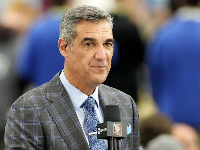 GLENDALE, ARIZONA - APRIL 06: TNT college basketball analyst Jay Wright on air before the NCAA Mens Basketball Tournament Final Four semifinal game between the Purdue Boilermakers and the North Carolina State Wolfpack at State Farm Stadium on April 06, 2024 in Glendale, Arizona.