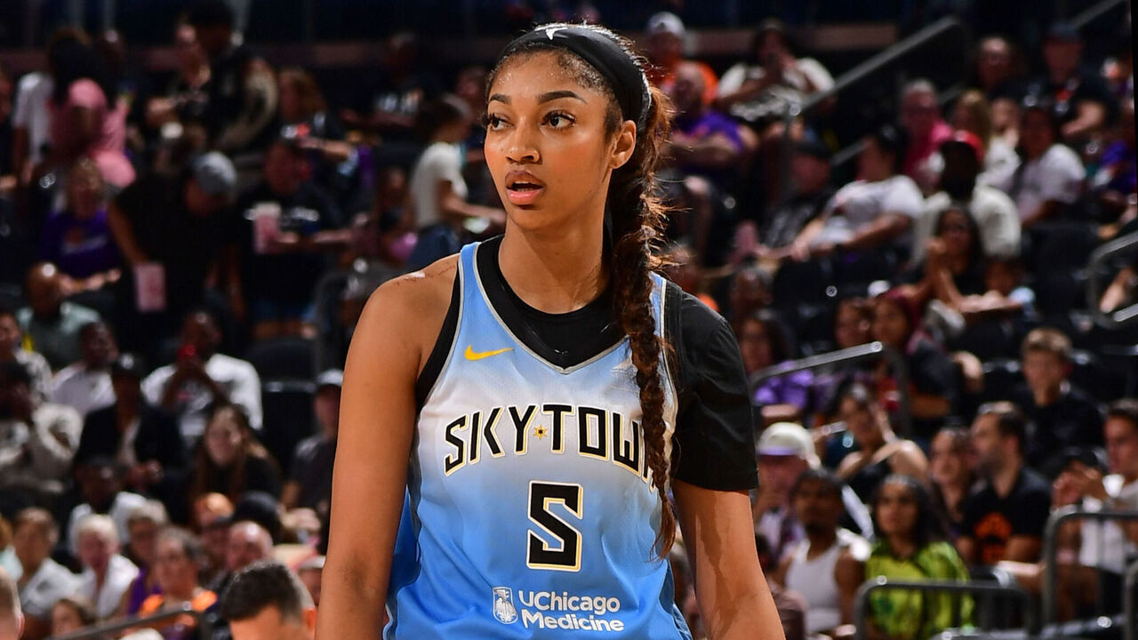 PHOENIX, AZ - AUGUST 28: Angel Reese #5 of the Chicago Sky looks on during the game against the Phoenix Mercury on August 28, 2025 at PHX Arena in Phoenix, Arizona. Mandatory Copyright Notice: Copyright 2025 NBAE
