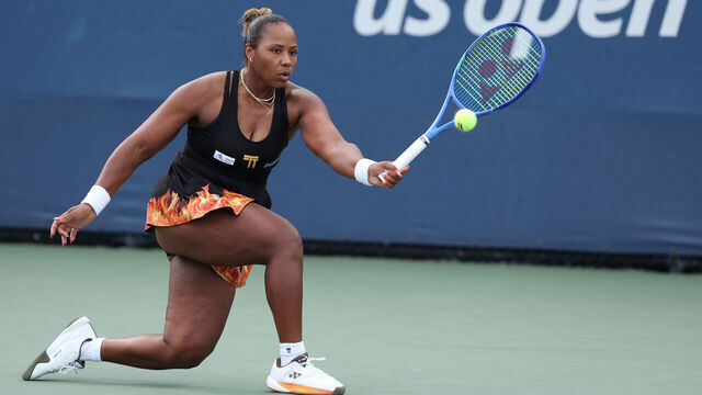 NEW YORK, NEW YORK - AUGUST 27: Taylor Townsend of the United States returns against Jelena Ostapenko of Latvia during their Women's Singles Second Round match on Day Four of the 2025 US Open at USTA Billie Jean King National Tennis Center on August 27, 2025 in the Flushing neighborhood of the Queens borough of New York City.