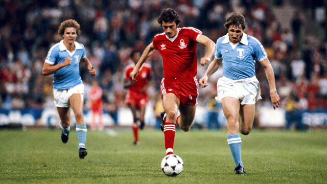 MUNICH, GERMANY - MAY 30: Nottingham Forest player Trevor Francis (c) races through the Malmo defence during the 1979 European Cup Final between Malmo and Nottingham Forest at the Olympic Stadium on May 30, 1979 in Munich, Germany.