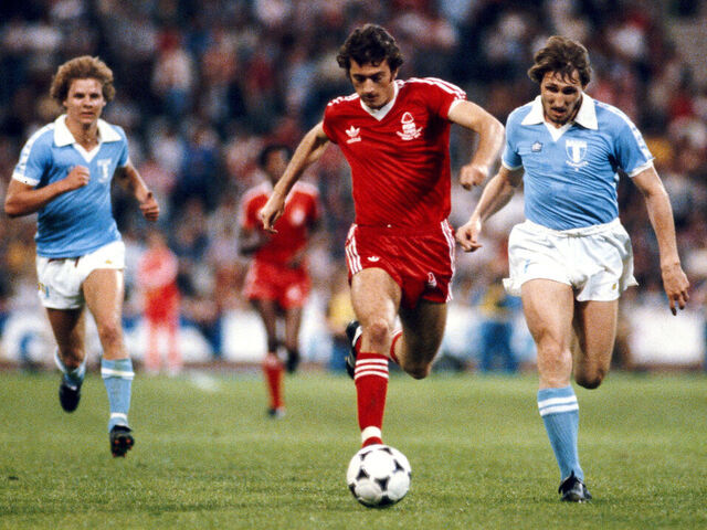 MUNICH, GERMANY - MAY 30: Nottingham Forest player Trevor Francis (c) races through the Malmo defence during the 1979 European Cup Final between Malmo and Nottingham Forest at the Olympic Stadium on May 30, 1979 in Munich, Germany.