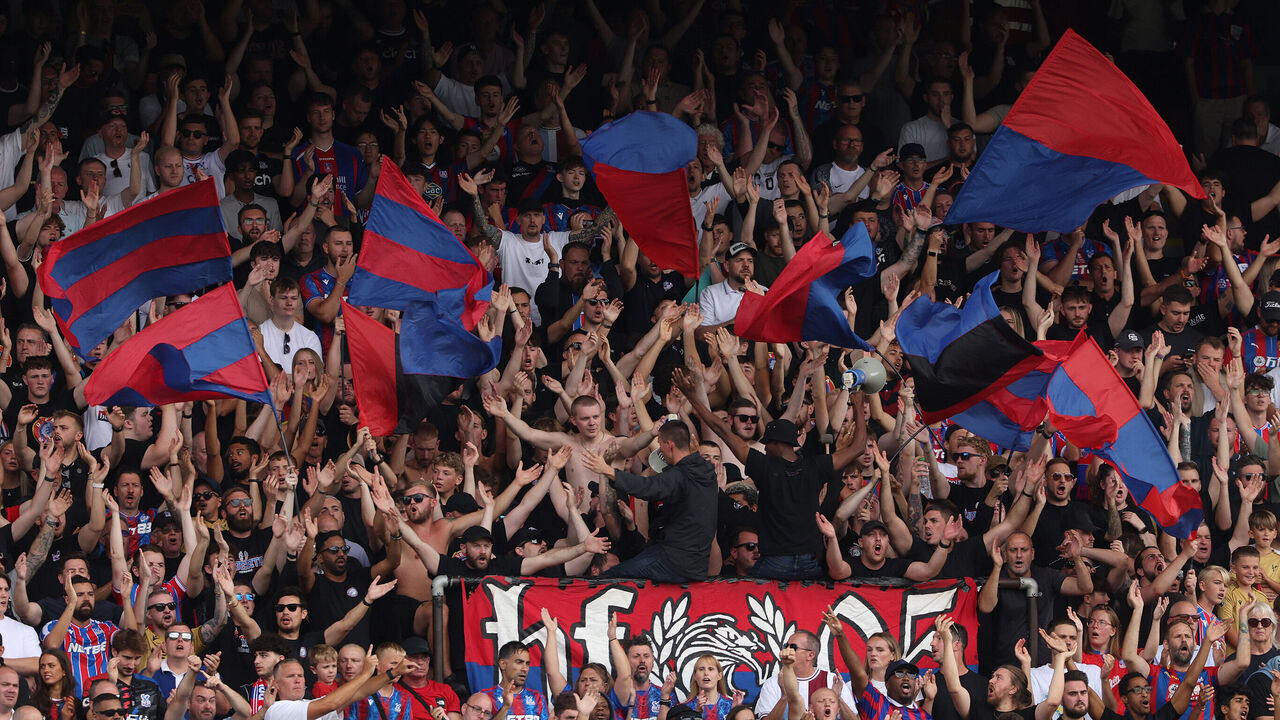 LONDON, ENGLAND - AUGUST 24: Crystal Palace Fanatics fans singing during the Premier League match between Crystal Palace and Nottingham Forest at Selhurst Park on August 24, 2025 in London, England.