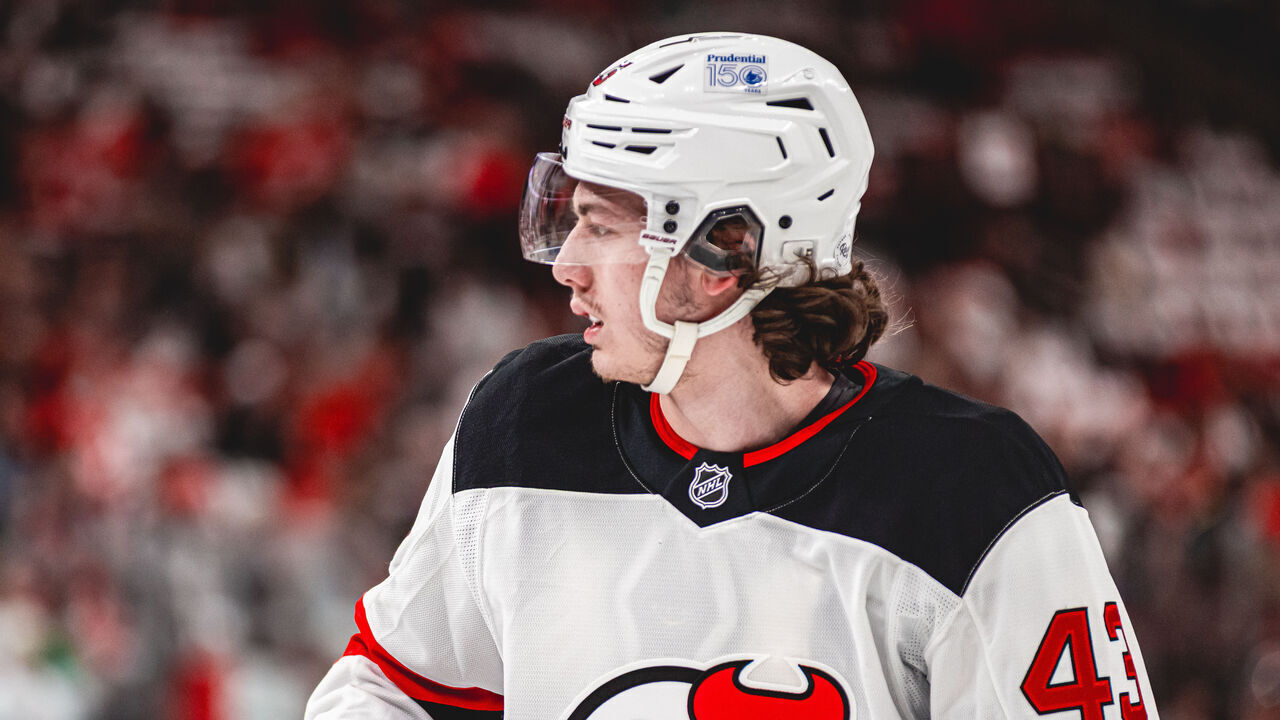 RALEIGH, NORTH CAROLINA - APRIL 20: Luke Hughes #43 of the New Jersey Devils during warm ups prior to Game One of the First Round of the 2025 Stanley Cup Playoffs against the Carolina Hurricanes at Lenovo Center on April 20, 2025 in Raleigh, North Carolina.