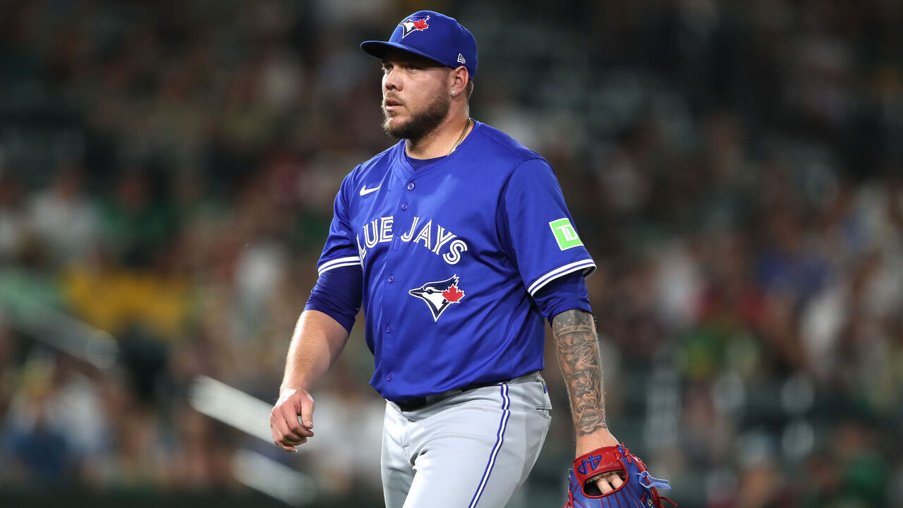 SACRAMENTO, CALIFORNIA - JULY 11: Yariel Rodríguez #29 of the Toronto Blue Jays walks off the mound after the final out of the eighth inning against the Athletics at Sutter Health Park on July 11, 2025 in Sacramento, California.