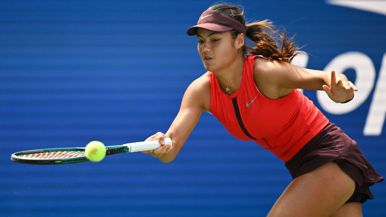 Britain's Emma Raducanu reaches to play a return to Kazakhstan's Elena Rybakina during their women's singles third round tennis match on day six of the US Open tennis tournament at the USTA Billie Jean King National Tennis Center in New York City, on August 29, 2025.