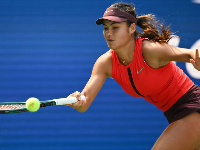 Britain's Emma Raducanu reaches to play a return to Kazakhstan's Elena Rybakina during their women's singles third round tennis match on day six of the US Open tennis tournament at the USTA Billie Jean King National Tennis Center in New York City, on August 29, 2025.