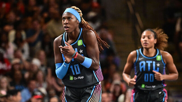 ATLANTA, GA - AUGUST 29: Rhyne Howard #10 of the Atlanta Dream reacts during the game against the Dallas Wings on August 29, 2025 at Gateway Center Arena at College Park in Atlanta, Georgia. Mandatory Copyright Notice: Copyright 2025 NBAE