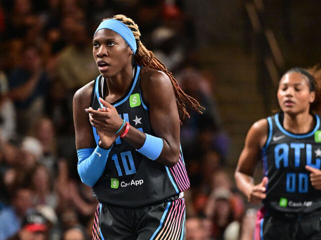ATLANTA, GA - AUGUST 29: Rhyne Howard #10 of the Atlanta Dream reacts during the game against the Dallas Wings on August 29, 2025 at Gateway Center Arena at College Park in Atlanta, Georgia. Mandatory Copyright Notice: Copyright 2025 NBAE