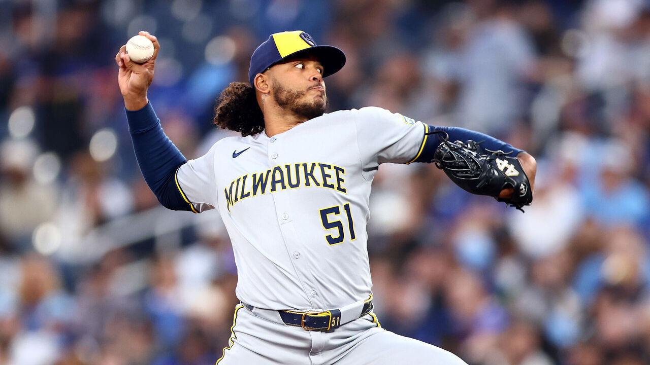 TORONTO, ON - AUGUST 29: Freddy Peralta #51 of the Milwaukee Brewers pitches in the fourth inning during a game against the Toronto Blue Jays at Rogers Centre on August 29, 2025 in Toronto, Ontario, Canada.