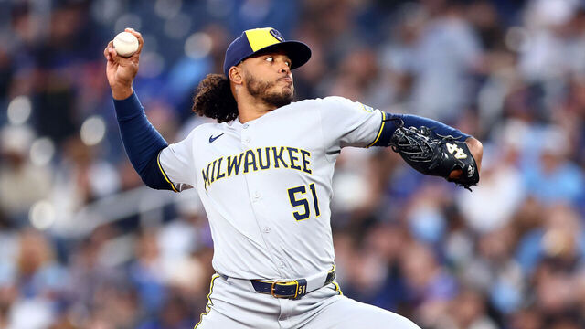 TORONTO, ON - AUGUST 29: Freddy Peralta #51 of the Milwaukee Brewers pitches in the fourth inning during a game against the Toronto Blue Jays at Rogers Centre on August 29, 2025 in Toronto, Ontario, Canada.