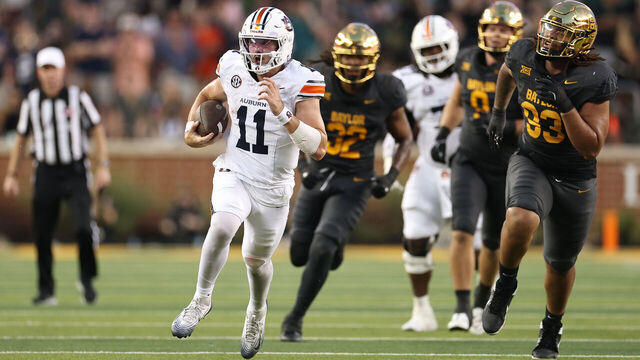WACO, TEXAS - AUGUST 29: Jackson Arnold #11 of the Auburn Tigers runs for yards during the first half against the Auburn Tigers at McLane Stadium on August 29, 2025 in Waco, Texas.