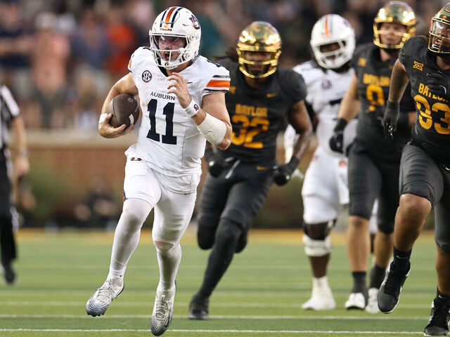 WACO, TEXAS - AUGUST 29: Jackson Arnold #11 of the Auburn Tigers runs for yards during the first half against the Auburn Tigers at McLane Stadium on August 29, 2025 in Waco, Texas.