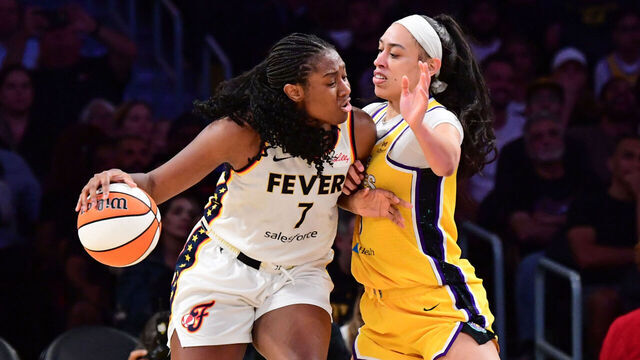 LOS ANGELES, CA - AUGUST 29: Aliyah Boston #7 of the Indiana Fever handles the ball during the game against the Los Angeles Sparks on August 29, 2025 at Crypto.com Arena in Los Angeles, California. NOTE TO USER: User expressly acknowledges and agrees that, by downloading and/or using this Photograph, user is consenting to the terms and conditions of the Getty Images License Agreement. Mandatory Copyright Notice: Copyright 2025 NBAE
