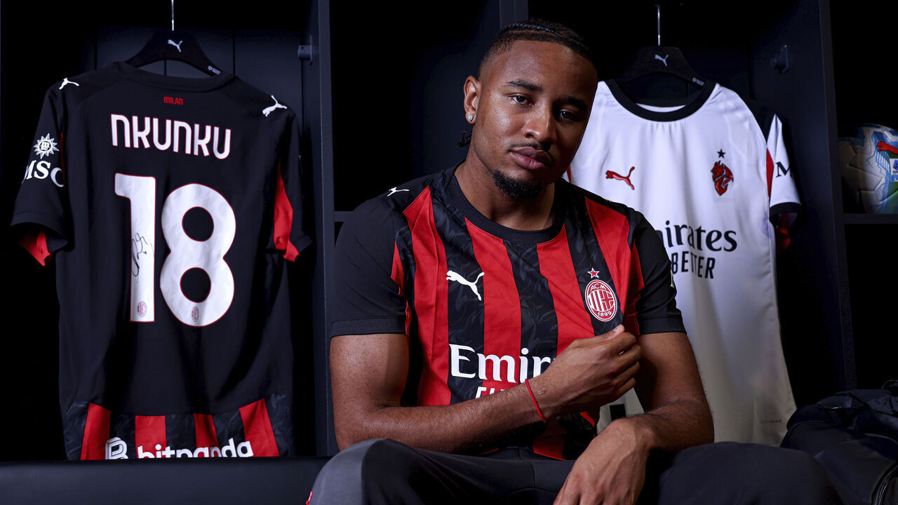 MILAN, ITALY - AUGUST 29: New AC Milan player Christopher Nkunku is seen during his first photoshoot with the club at Casa Milan on August 29, 2025 in Milan, Italy.