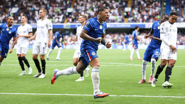 LONDON, ENGLAND - AUGUST 30: Enzo Fernandez of Chelsea celebrates their second goal during the Premier League match between Chelsea and Fulham at Stamford Bridge on August 30, 2025 in London, England.