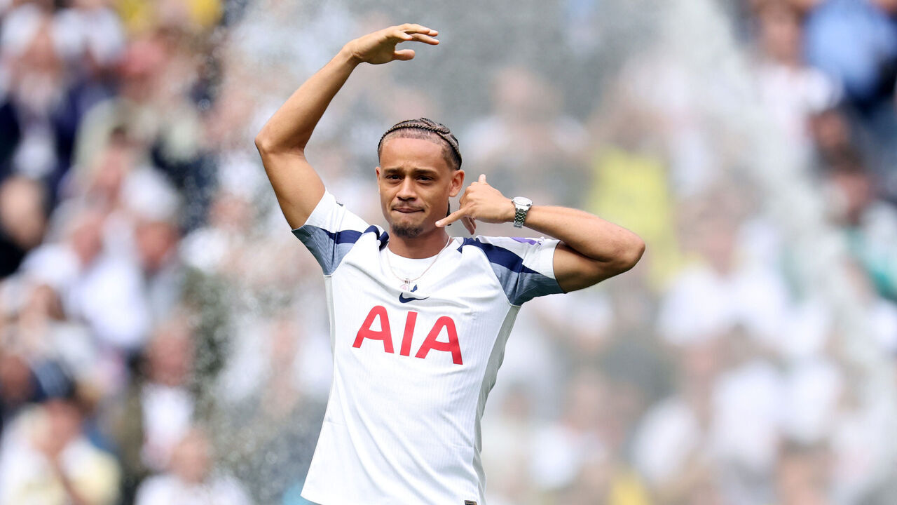 LONDON, ENGLAND - AUGUST 30: New signing Xavi Simons of Tottenham Hotspur is introduced to the fans ahead of the Premier League match between Tottenham Hotspur and Bournemouth at Tottenham Hotspur Stadium on August 30, 2025 in London, England.