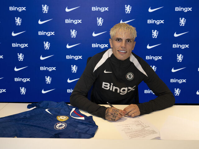 LONDON, ENGLAND - AUGUST 30: Chelsea Unveil New Signing Alejandro Garnacho at Stamford Bridge on August 30, 2025 in London, England.