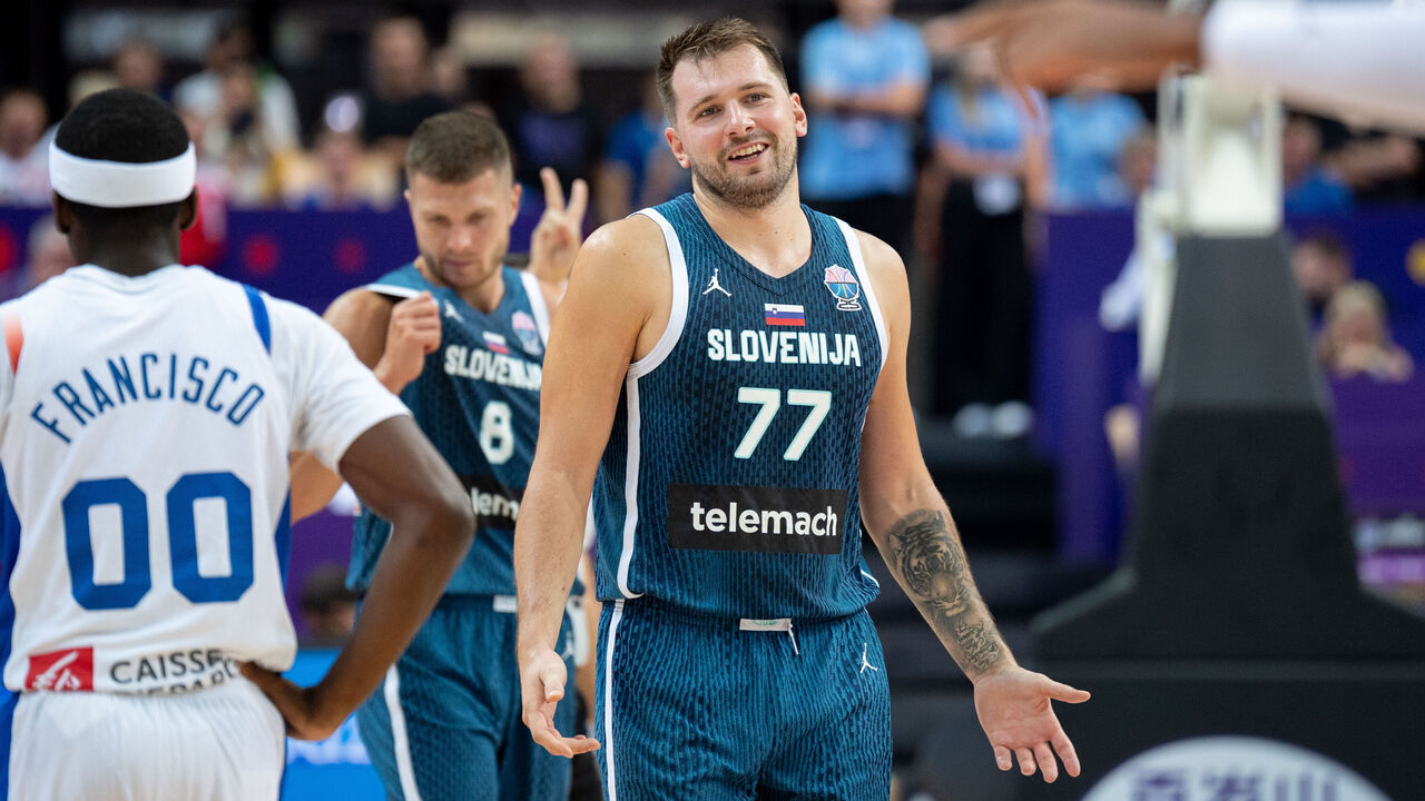 Luka Doncic plays during the FIBA EuroBasket match between France and Slovenia in Katowice, Poland, on August 30, 2025, as part of the European Basketball Championship game, group phase, Group D competition in Spodek Arena.