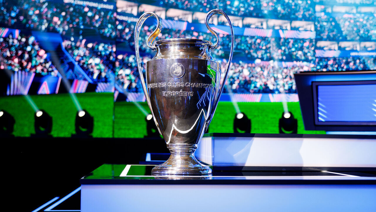MONACO, MONACO - AUGUST 27: The UEFA Champions League trophy is seen on the stage ahead of the UEFA Champions League 2025/26 League Phase Draw at Grimaldi Forum on August 27, 2025 in Monaco, Monaco.