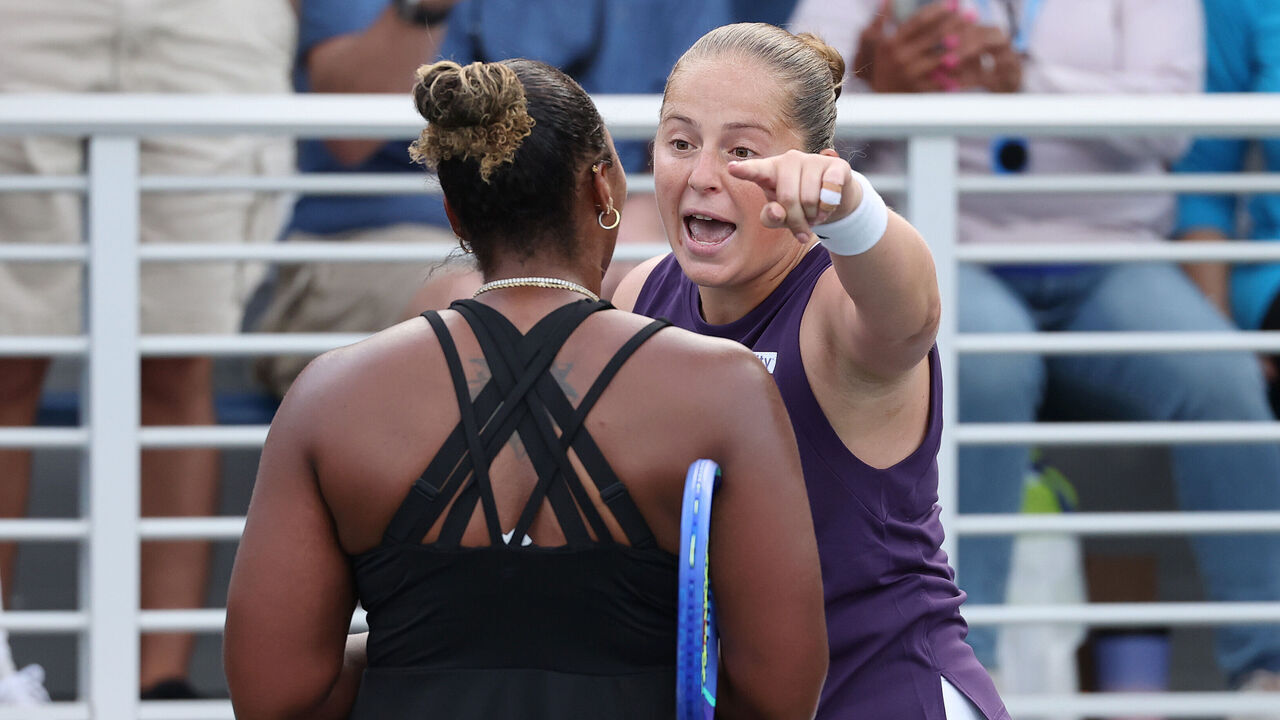 NEW YORK, NEW YORK - AUGUST 27: Jelena Ostapenko of Latvia (R) argues with Taylor Townsend of the United States (L) following their Women's Singles Second Round match on Day Four of the 2025 US Open at USTA Billie Jean King National Tennis Center on August 27, 2025 in the Flushing neighborhood of the Queens borough of New York City.