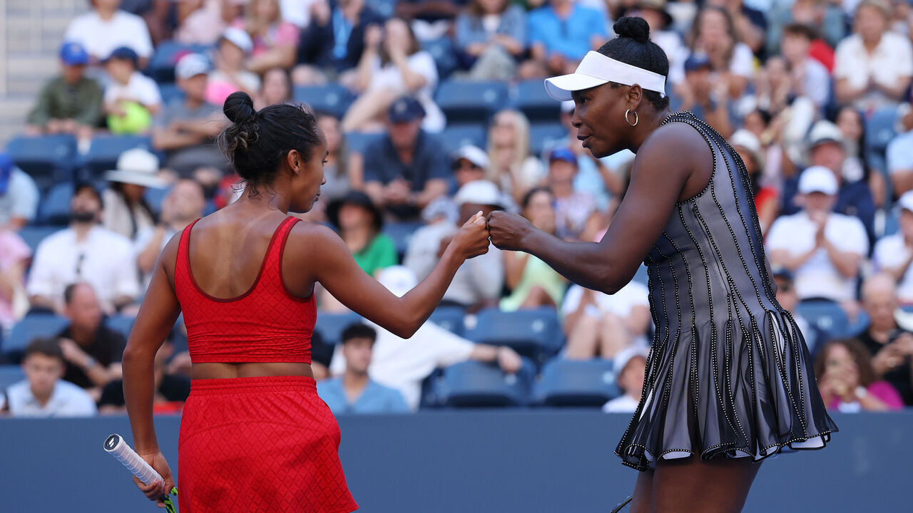 NEW YORK, NEW YORK - AUGUST 30: Venus Williams of the United States and Leylah Fernandez of Canada react while playing against Ulrikke Eikeri of Norway and Eri Hozumi of Japan during their Women's Doubles Second Round match on Day Seven of the 2025 US Open at USTA Billie Jean King National Tennis Center on August 30, 2025 in the Flushing neighborhood of the Queens borough of New York City.