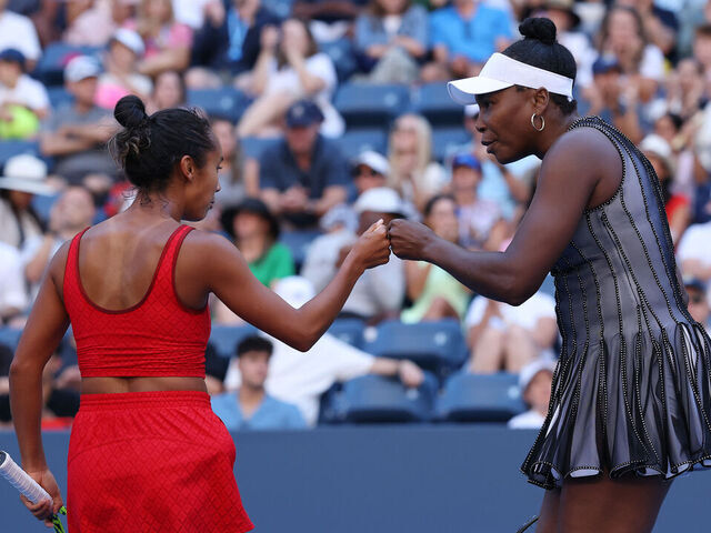 NEW YORK, NEW YORK - AUGUST 30: Venus Williams of the United States and Leylah Fernandez of Canada react while playing against Ulrikke Eikeri of Norway and Eri Hozumi of Japan during their Women's Doubles Second Round match on Day Seven of the 2025 US Open at USTA Billie Jean King National Tennis Center on August 30, 2025 in the Flushing neighborhood of the Queens borough of New York City.