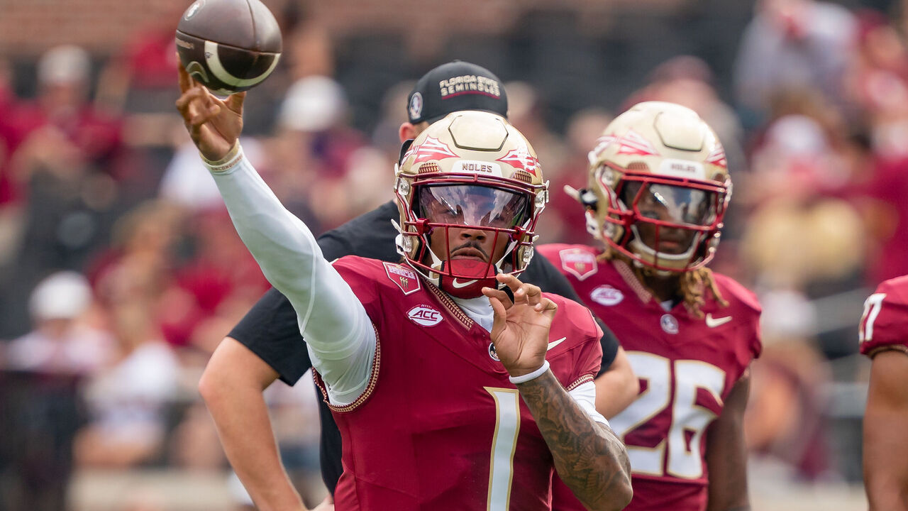 TALLAHASSEE, FL - AUGUST 30: Florida State Seminoles quarterback Tommy Castellanos (1) throws a pass during warm ups before a college football game between the Alabama Crimson Tide and the Florida State Seminoles on August 30th, 2025 at Doak Campbell Stadium in Tallahassee, FL.