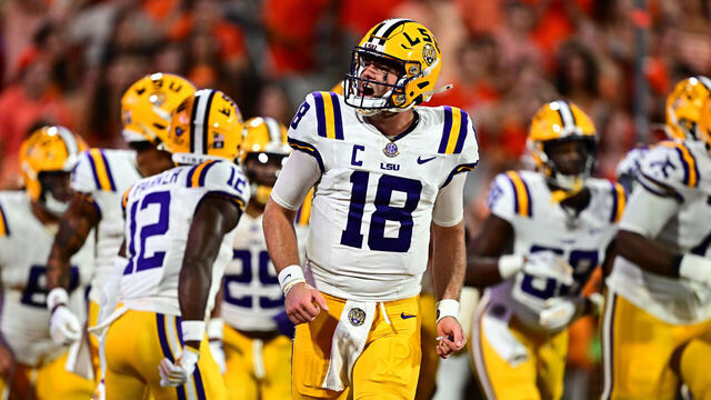 CLEMSON, SC - AUGUST 30: Garrett Nussmeier #18 of the LSU Tigers celebrates after a play during the third quarter against the Clemson Tigers on August 30, 2025 at Memorial Stadium in Clemson, South Carolina.