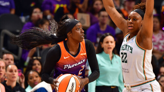 PHOENIX, AZ - AUGUST 30: Kahleah Copper #2 of the Phoenix Mercury handles the ball during the game against the New York Liberty on August 30, 2025 at PHX Arena in Phoenix, Arizona. Mandatory Copyright Notice: Copyright 2025 NBAE