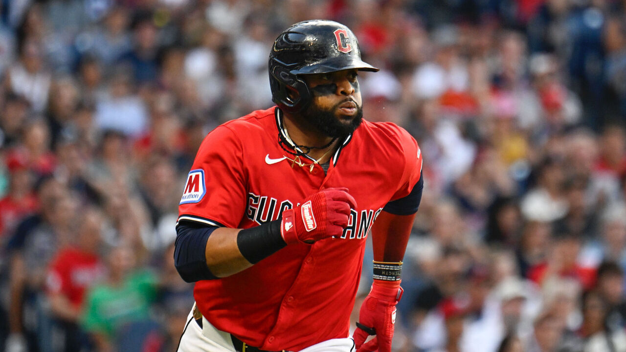 CLEVELAND, OH - JULY 21: Carlos Santana #41 of the Cleveland Guardians runs to first base during the game between the Baltimore Orioles and the Cleveland Guardians at Progressive Field on Monday, July 21, 2025 in Cleveland, Ohio.