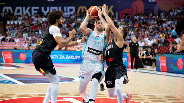 Luka Doncic plays during the FIBA EuroBasket match between Slovenia and Belgium in Katowice, Poland, on August 31, 2025, as part of the European Basketball Championship game, group phase, Group D competition in Spodek Arena.