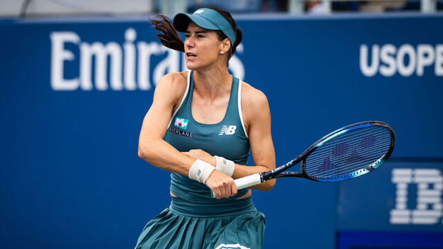NEW YORK, NEW YORK - AUGUST 28: Sorana Cirstea of Romania in action against Karolina Muchova of the Czech Republic in the second round on Day 5 of the US Open at USTA Billie Jean King National Tennis Center on August 28, 2025 in New York City