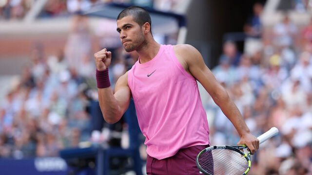 NEW YORK, NEW YORK - AUGUST 31: Carlos Alcaraz of Spain reacts after defeating Arthur Rinderknech of France following their Men's Singles Fourth Round match on Day Eight of the 2025 US Open at USTA Billie Jean King National Tennis Center on August 31, 2025 in the Flushing neighborhood of the Queens borough of New York City.