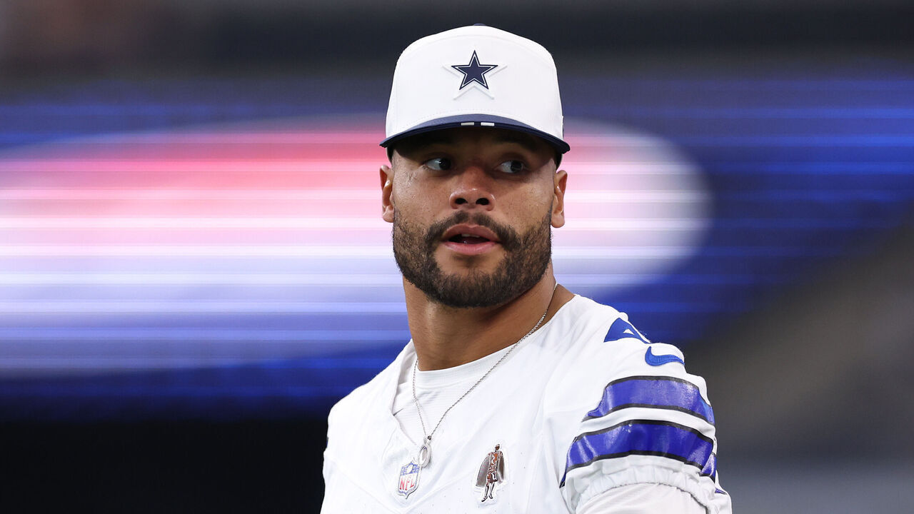 ARLINGTON, TEXAS - AUGUST 22: Dak Prescott #4 of the Dallas Cowboys looks on prior to the NFL Preseason 2025 game against the Atlanta Falcons at AT&T Stadium on August 22, 2025 in Arlington, Texas.