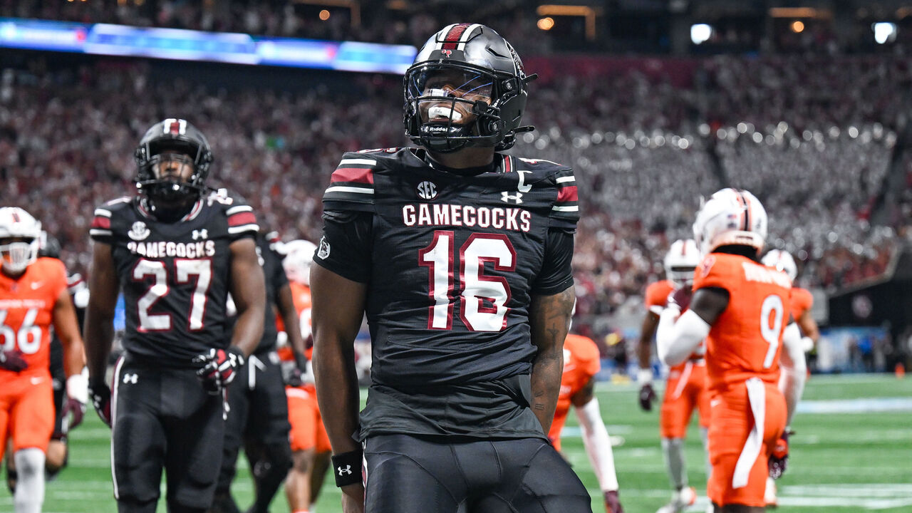 ATLANTA, GA AUGUST 31: South Carolina quarterback LaNorris Sellers (16) reacts after scoring a first-half touchdown during the AFLAC Kickoff Game between the South Carolina Gamecocks and the Virginia Tech Hokies on August 31st, 2025, at Mercedes-Benz Stadium in Atlanta, GA.