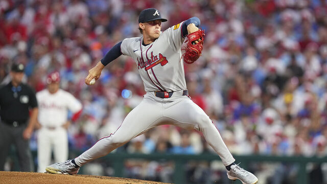 PHILADELPHIA, PENNSYLVANIA - AUGUST 31: Hurston Waldrep #64 of the Atlanta Braves pitches in the bottom of the second inning against the Philadelphia Phillies at Citizens Bank Park on August 31, 2025 in Philadelphia, Pennsylvania.