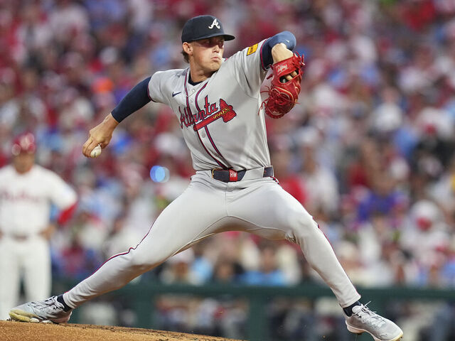 PHILADELPHIA, PENNSYLVANIA - AUGUST 31: Hurston Waldrep #64 of the Atlanta Braves pitches in the bottom of the second inning against the Philadelphia Phillies at Citizens Bank Park on August 31, 2025 in Philadelphia, Pennsylvania.