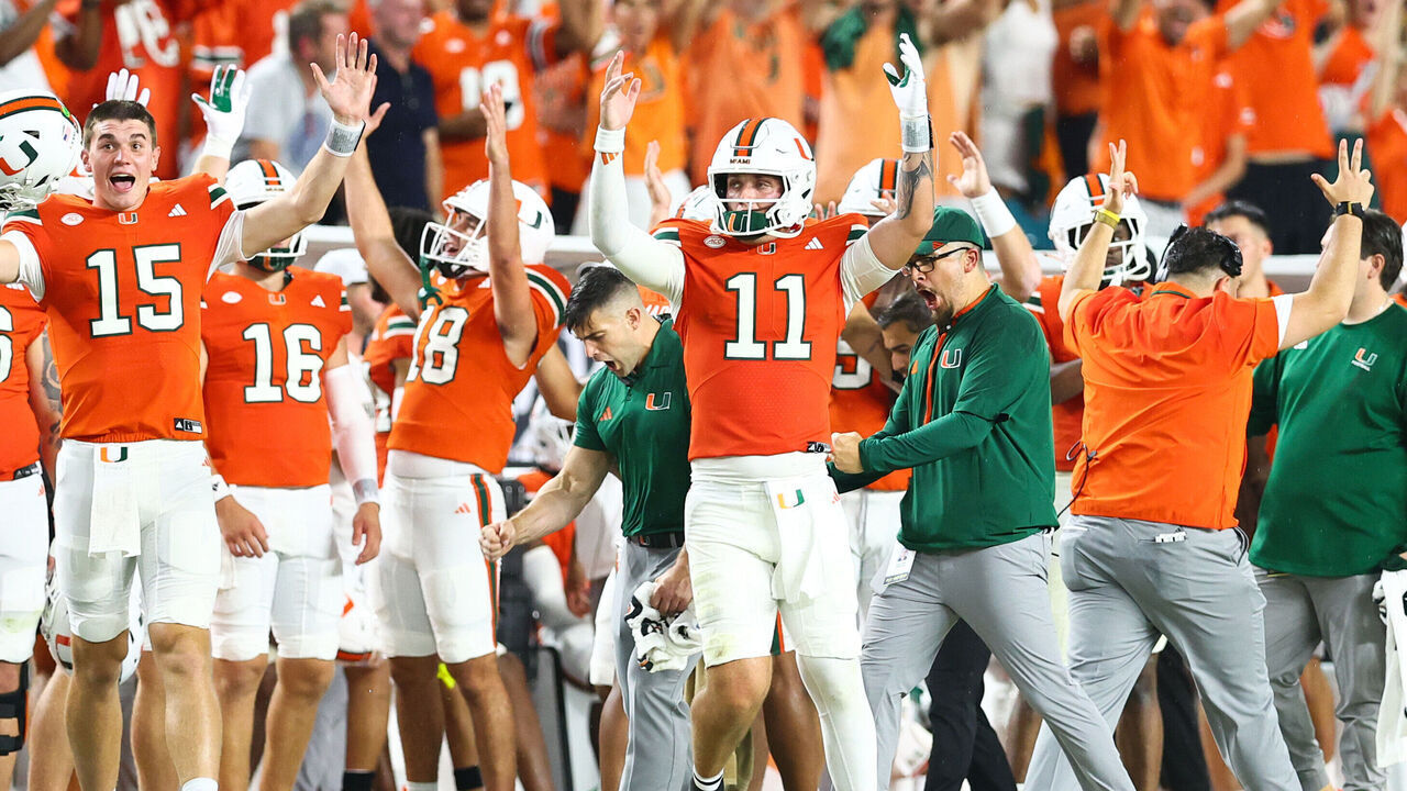 MIAMI GARDENS, FLORIDA - AUGUST 31: Carson Beck #11 of the Miami Hurricanes celebrates after throwing a touchdown pass against the Notre Dame Fighting Irish during the second quarter of the game at Hard Rock Stadium on August 31, 2025 in Miami Gardens, Florida.
