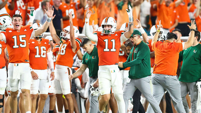 MIAMI GARDENS, FLORIDA - AUGUST 31: Carson Beck #11 of the Miami Hurricanes celebrates after throwing a touchdown pass against the Notre Dame Fighting Irish during the second quarter of the game at Hard Rock Stadium on August 31, 2025 in Miami Gardens, Florida.