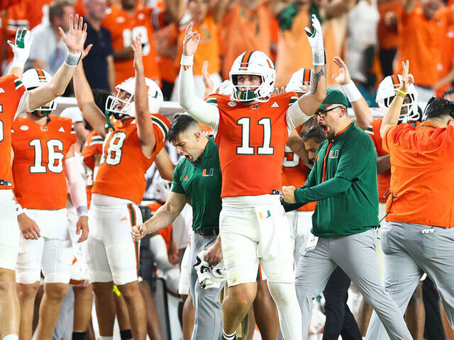 MIAMI GARDENS, FLORIDA - AUGUST 31: Carson Beck #11 of the Miami Hurricanes celebrates after throwing a touchdown pass against the Notre Dame Fighting Irish during the second quarter of the game at Hard Rock Stadium on August 31, 2025 in Miami Gardens, Florida.