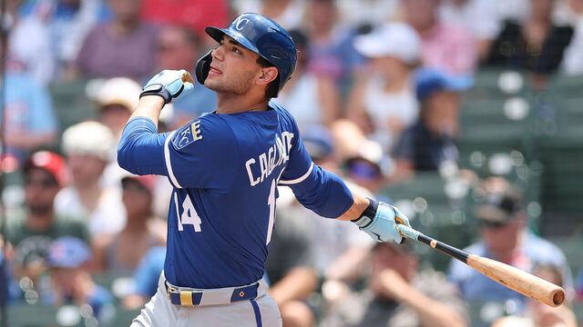 CHICAGO, ILLINOIS - JULY 23: Jac Caglianone #14 of the Kansas City Royals at bat against the Chicago Cubs at Wrigley Field on July 23, 2025 in Chicago, Illinois.