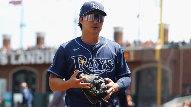 SAN FRANCISCO, CALIFORNIA - AUGUST 17: Ha-Seong Kim #7 of the Tampa Bay Rays looks on before the game against the San Francisco Giants at Oracle Park on August 17, 2025 in San Francisco, California.